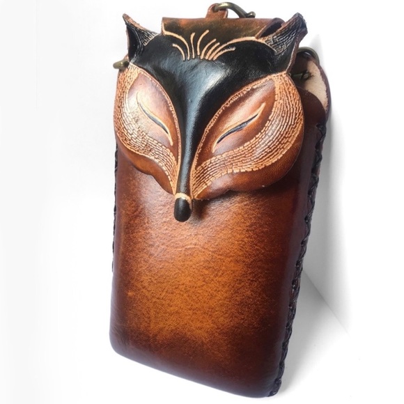 New! USA MADE GENUINE LEATHER HANDMADE HANDCRAFTED FOX CELL Crossbody PHONE BAG - Picture 2 of 8